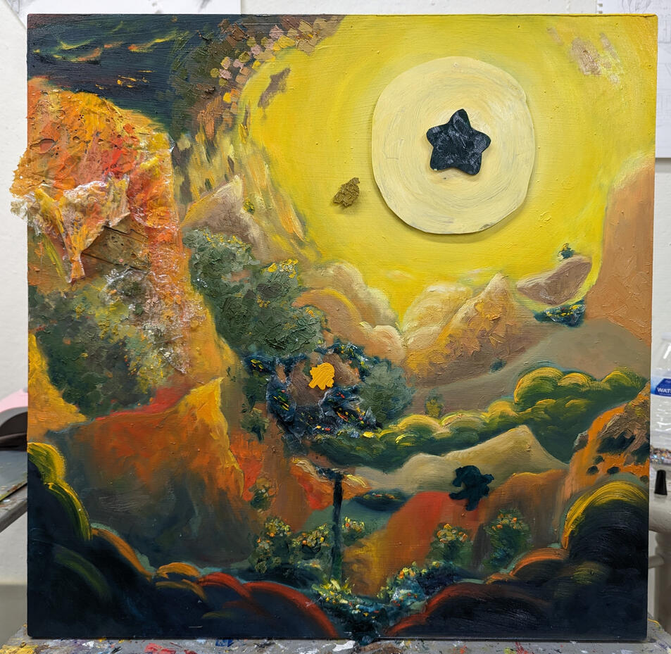 Oil painting with resin layers on top. made April 2024.