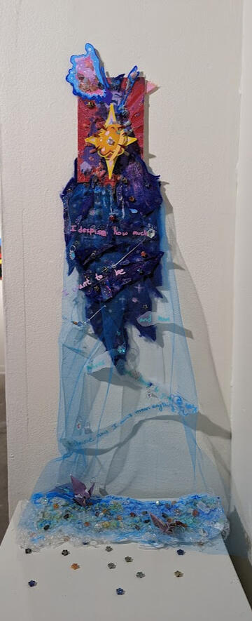 gutless - mixed media on 4 x 6 inch canvas, made September 26th, 2023. The words, going from top to bottom, read: "I despise how much / I want to / be / and how / little / Patience / People have to give / because now I can't mean anything / let alone mea