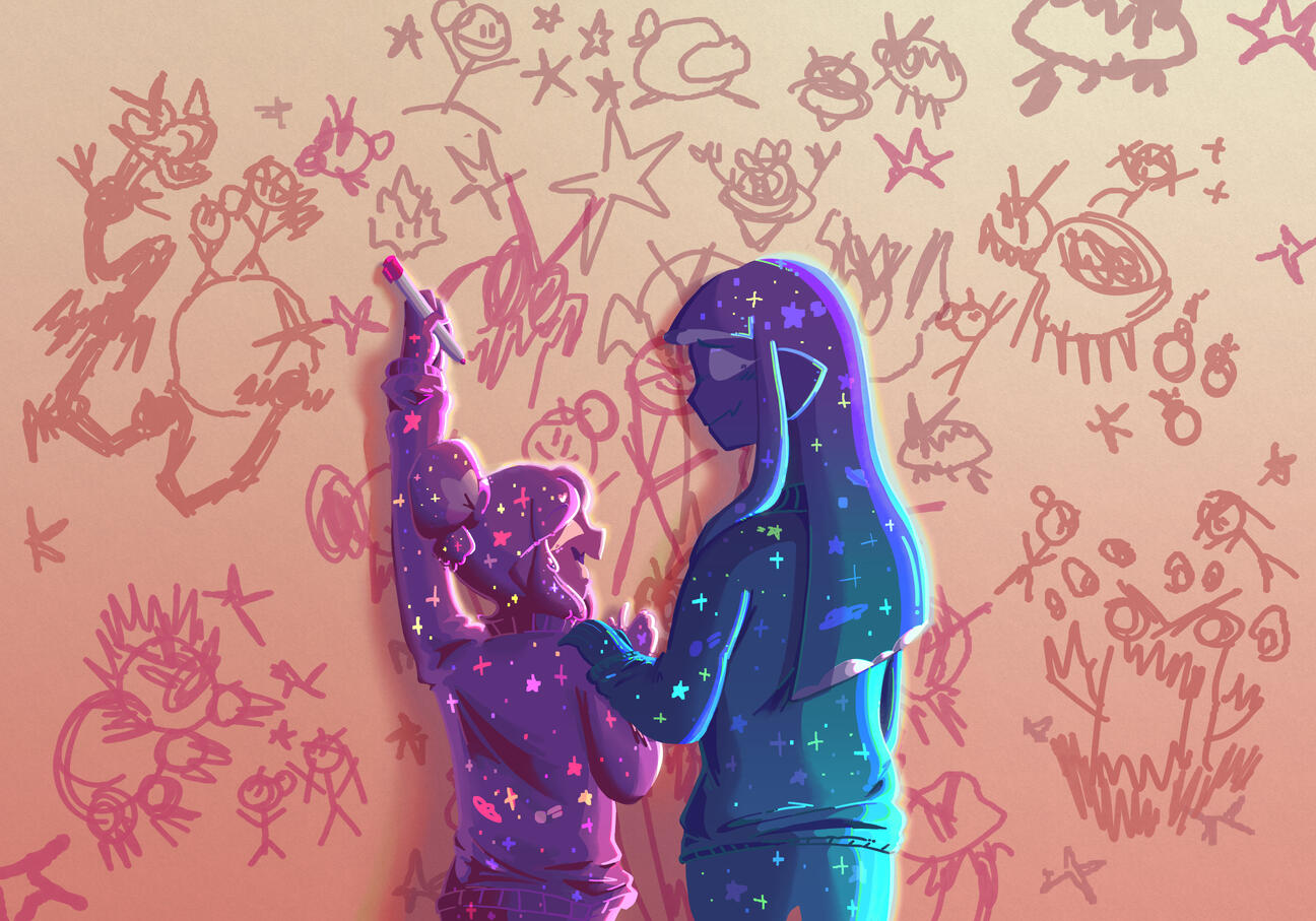 full illustration - bust of two characters with simple background