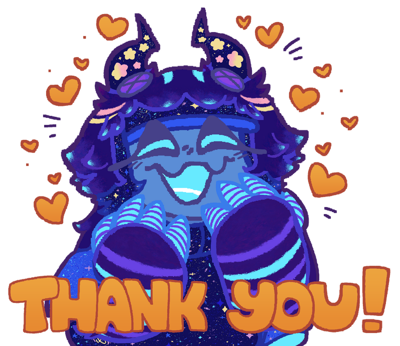 One of a series of LINE stickers featuring Cosmic and the friends she meets along the way. Featured for wave one is Pyrite, an imp who loves organizing and hosting pranks! Created December 28th, 2025.