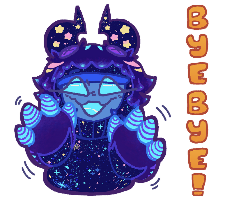 One of a series of LINE stickers featuring Cosmic and the friends she meets along the way. Featured for wave one is Pyrite, an imp who loves organizing and hosting pranks! Created December 28th, 2025.