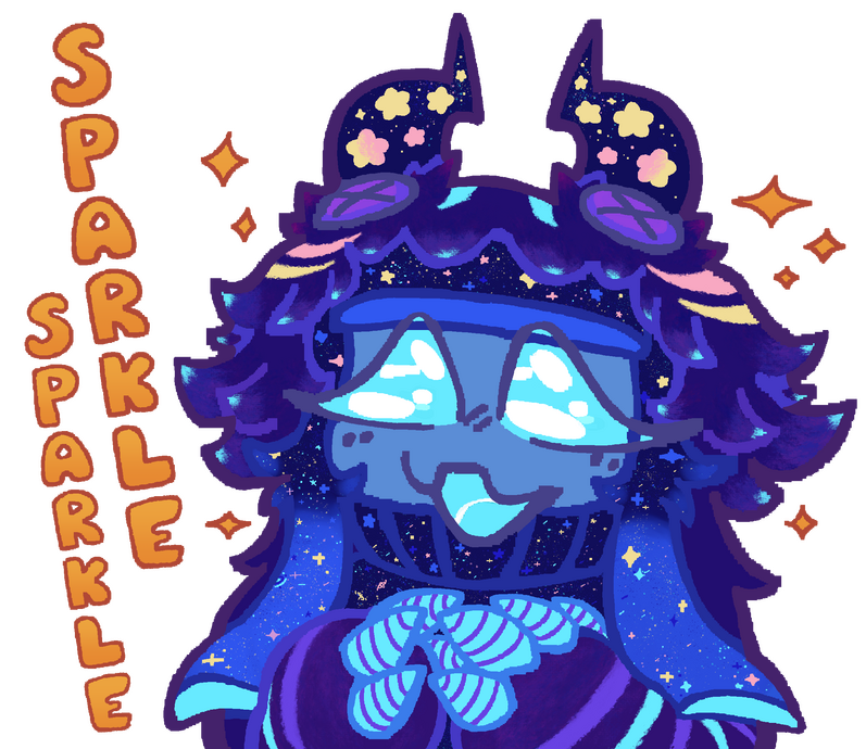 One of a series of LINE stickers featuring Cosmic and the friends she meets along the way. Featured for wave one is Pyrite, an imp who loves organizing and hosting pranks! Created December 28th, 2025.