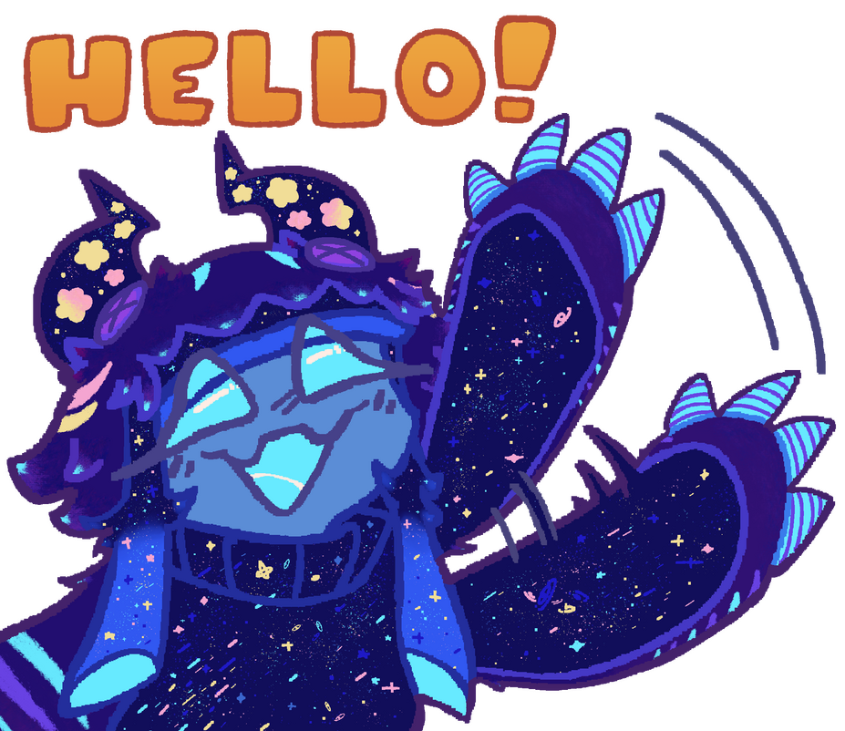 One of a series of LINE stickers featuring Cosmic and the friends she meets along the way. Featured for wave one is Pyrite, an imp who loves organizing and hosting pranks! Created December 28th, 2025.