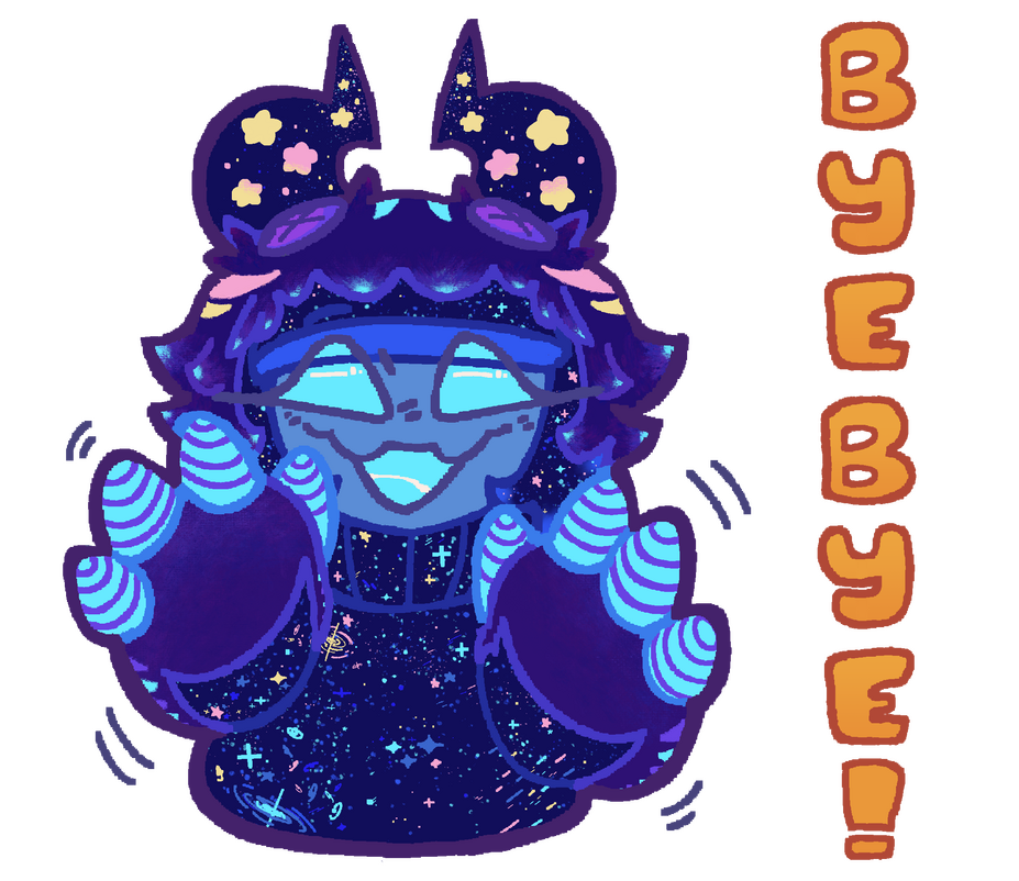 One of a series of LINE stickers featuring Cosmic and the friends she meets along the way. Featured for wave one is Pyrite, an imp who loves organizing and hosting pranks! Created December 28th, 2025.