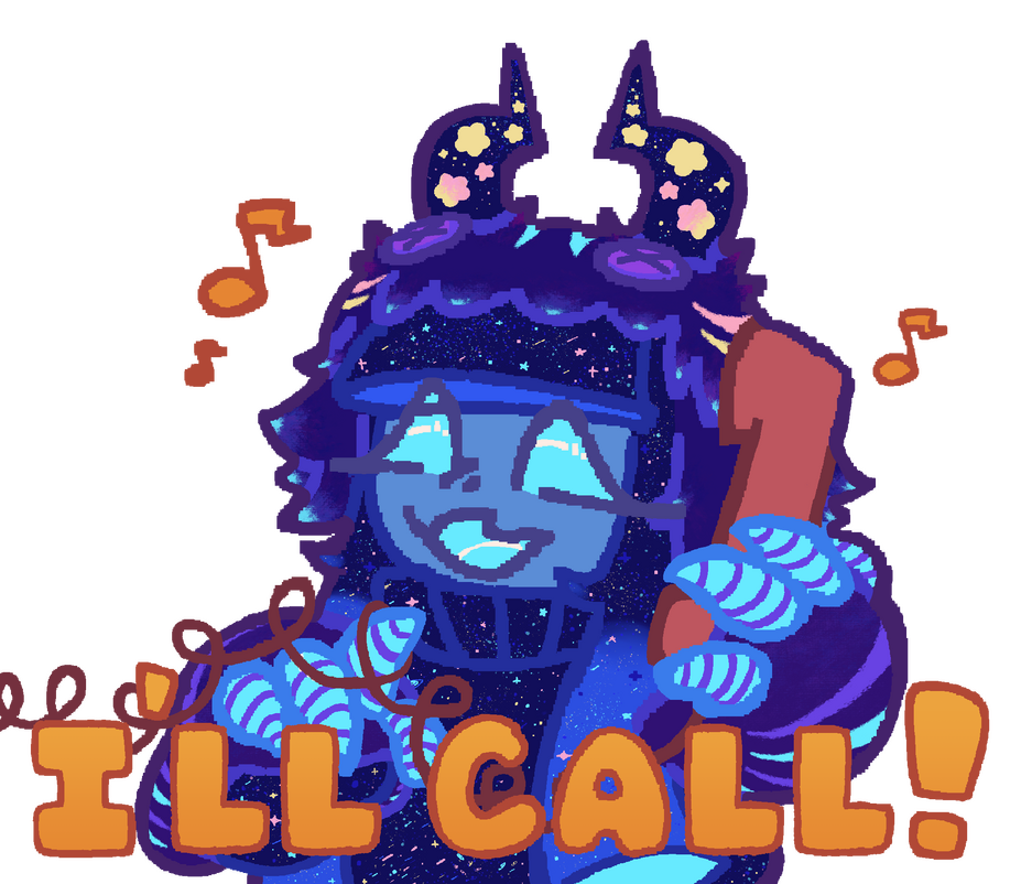 One of a series of LINE stickers featuring Cosmic and the friends she meets along the way. Featured for wave one is Pyrite, an imp who loves organizing and hosting pranks! Created December 28th, 2025.