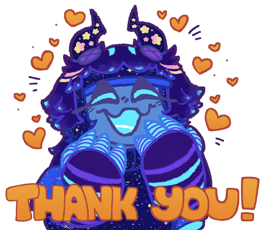 One of a series of LINE stickers featuring Cosmic and the friends she meets along the way. Featured for wave one is Pyrite, an imp who loves organizing and hosting pranks! Created December 28th, 2025.