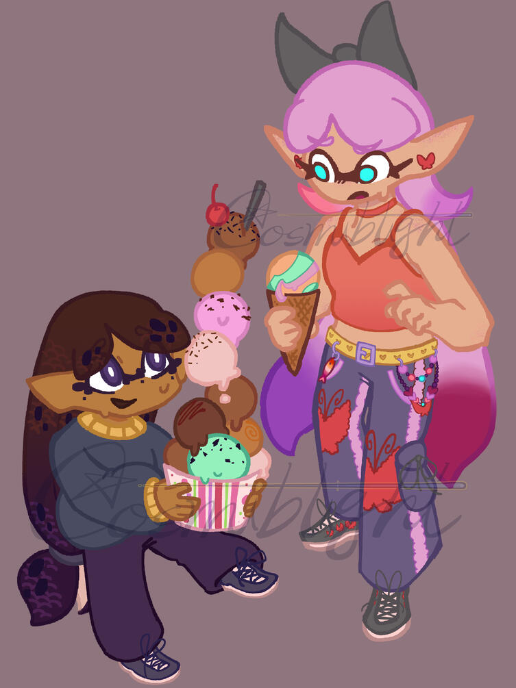 flat fullbody featuring two characters one large prop + one small prop